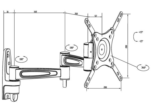 Multibrackets Veggfeste flexarm 360 III Svart, VESA 75 100 200, 15Kg 