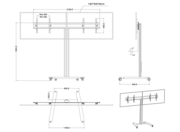 Multibrackets Gulvtralle 180 Dual Black Svart, 2x50kg, 800x400, 40-60" 