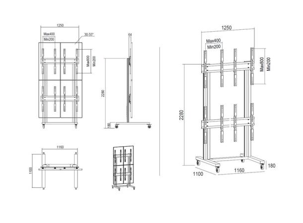 Multibrackets Gulvstativ 4 skjermer 40-55", 800x400, maks 160kg, Portrett 