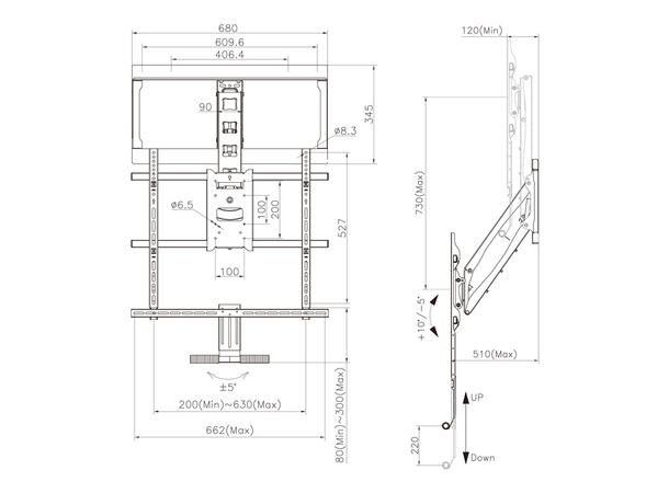 Multibrackets Veggfeste Pulldown Maks VESA 600x500, 25 Kg, 40-65" 