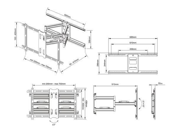 Multibrackets Vegfeste dual Flexarm Svart, 700x400, 60Kg, 55"-80" Outdoor 