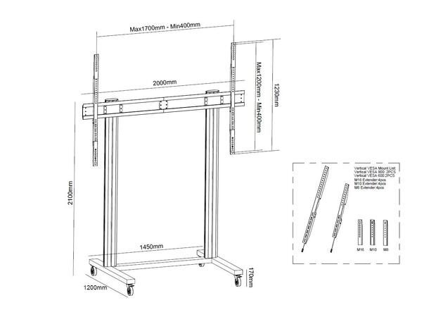 Multibrackets Gulvtralle 210 Dual Svart, 150kg,VESA 1700x1200, 70-110" 