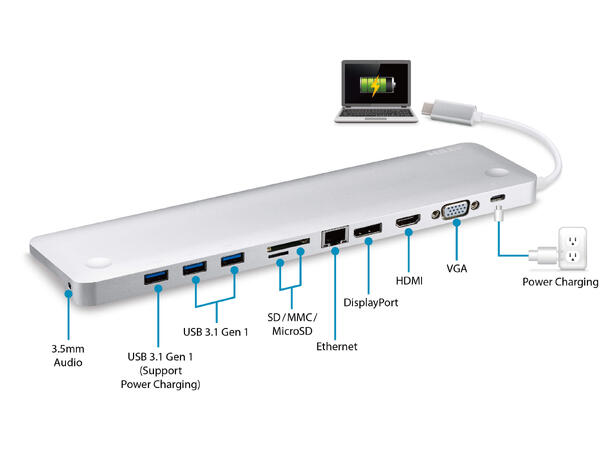 Aten USB-C Dock with Power Pass-through RJ45 | 3xUSB3.1 | 1xDP | HDMI | VGA 