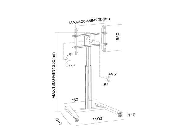 Multibrackets Gulvtralle motor Wheelbase 40Kg,55 cm høydejustering, 30-60",Sølv 